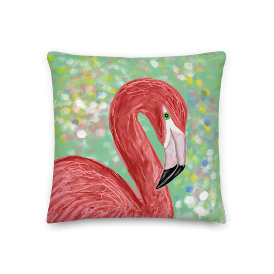 Original artist's design of a pink flamingo against a green and colorful abstract flowers.