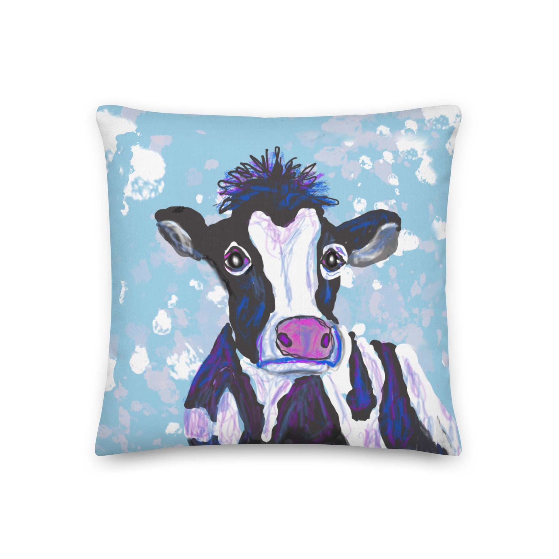 Soulful cow, symbol of the Mother Goddess adorns throw pillow. Black and white cow with pink-purple nose against a blue sky dotted with clouds. 18x18