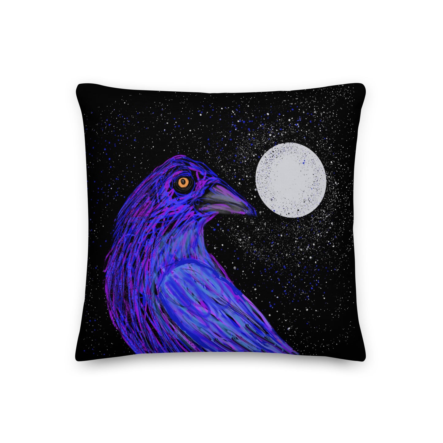 A golden-eyed crow sits next to a full moon on this decorative pillow.