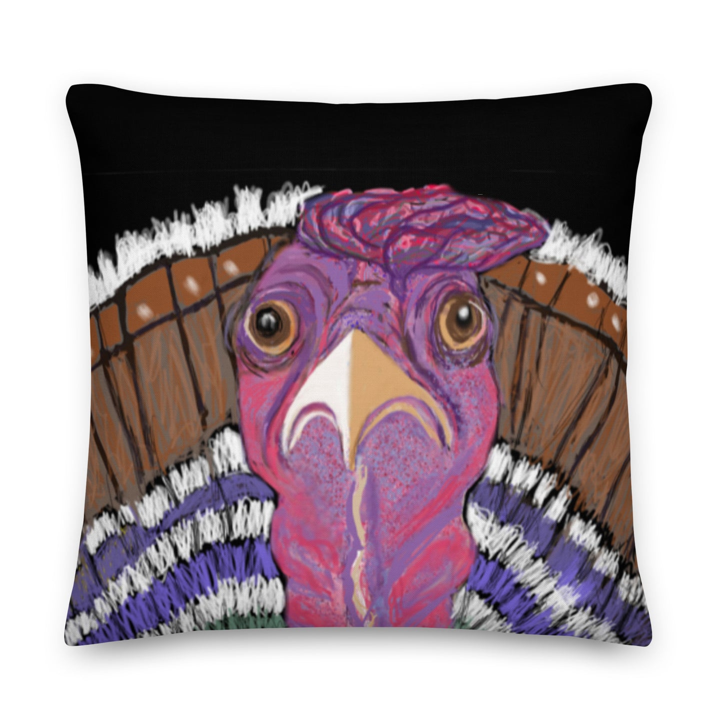 Premium decorative pillow, linen finish. Colorful and expressive turkey design. Spirit animal for giving thanks. Includes pillow insert.