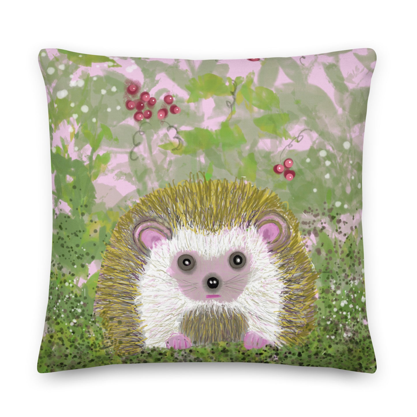 Cute decorative pillow with a garden critter, the hedgehog.  Hedgehog is shown among berries and brambles with greens and pinks. Hedgehog, with his sweet face, is gentle and kind spirit animal / spirit guide connected to Mother Earth. 2 sizes. 18x18 and 22x22.