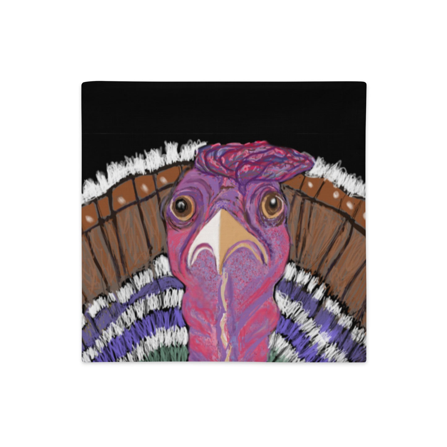 Unique pillow case design, with a linen-feel. Colorful and  modern turkey design, reds, browns, purples, and yellow against a black background. Symbol of gratitude