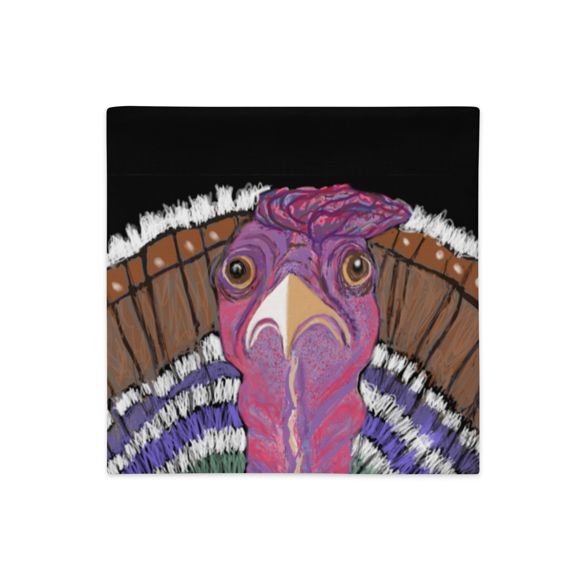 Unique pillow case design, with a linen-feel. Colorful and  modern turkey design, reds, browns, purples, and yellow against a black background. Symbol of gratitude