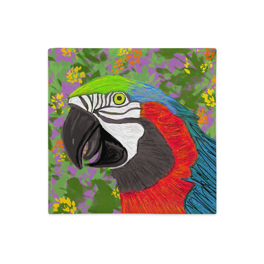 Colorful parrot pillowcase on a white background. Reds, blues greens, and purple.