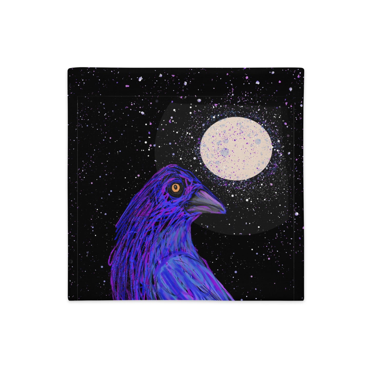 A golden-eyed crow next to a full moon on a starry night illustration on a decorate pillow.