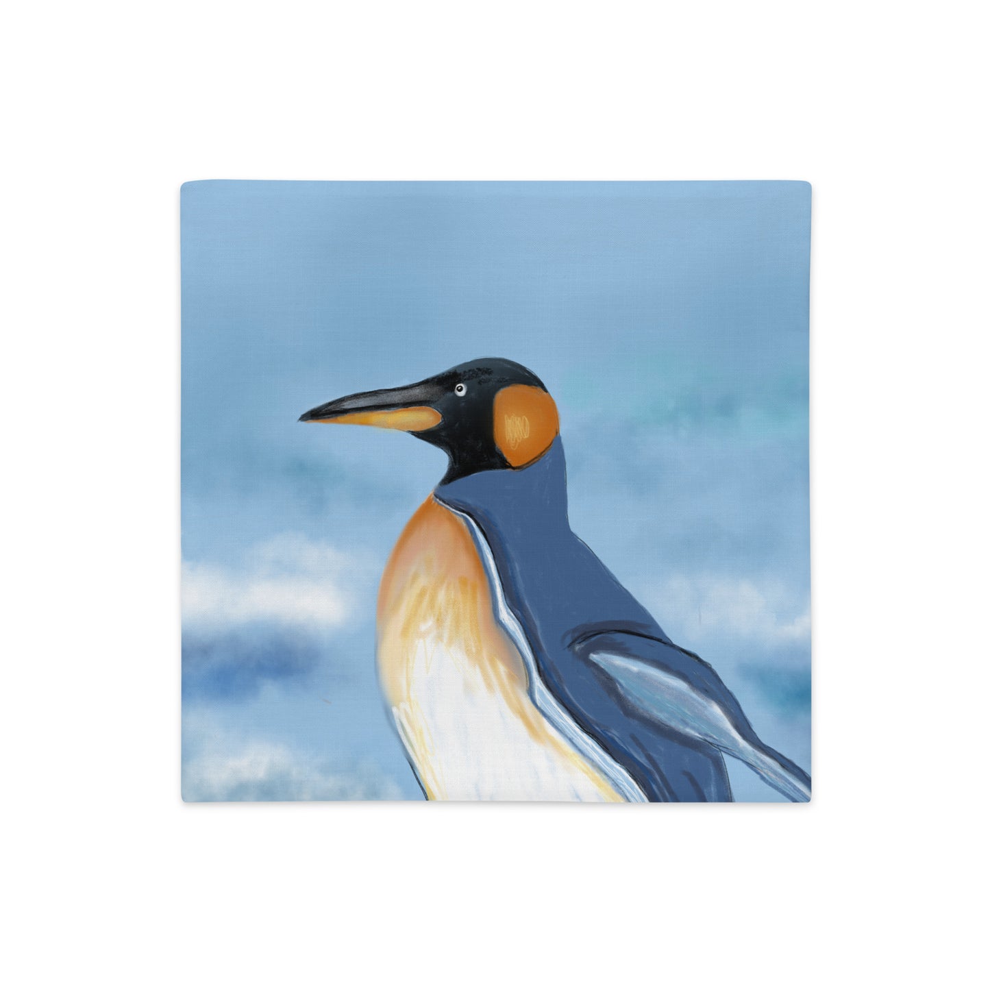 Image of an artist's design of a penguin on a pillow case. Blue, white, and gold.