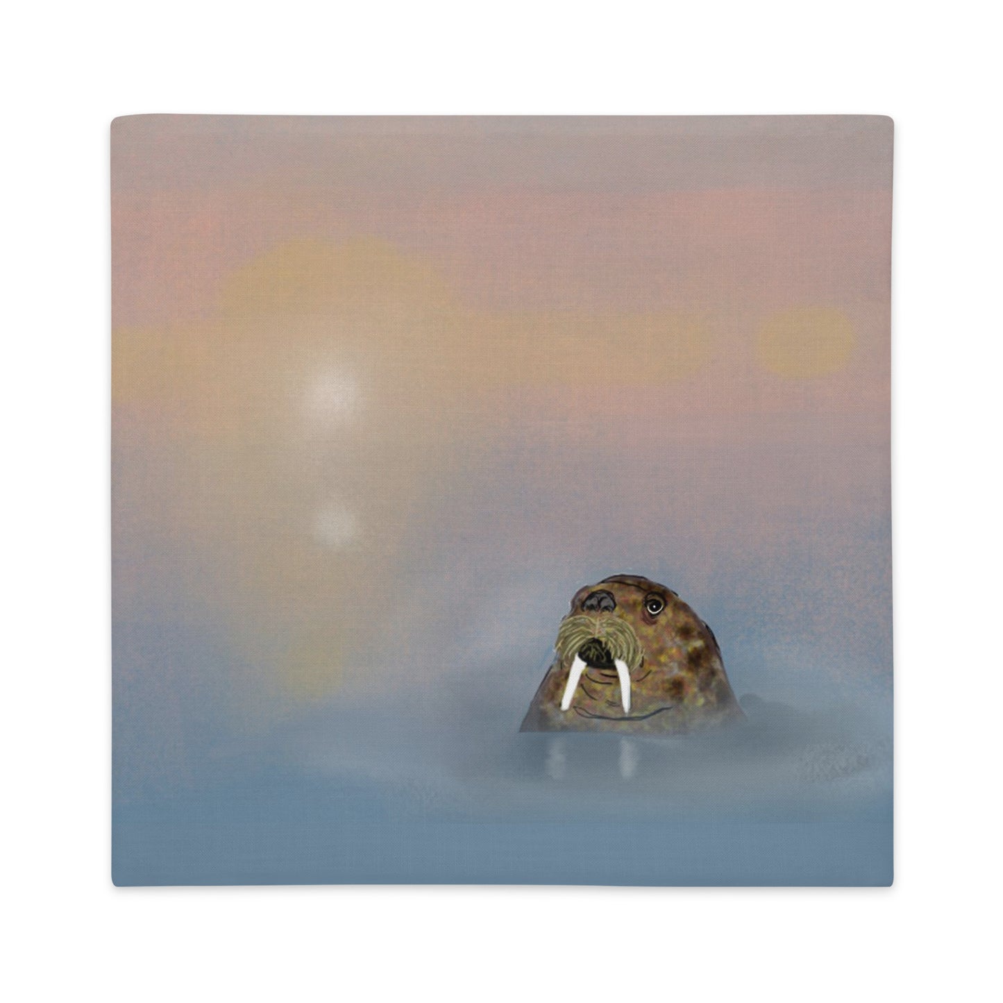 Product mockup of a decorative pillow with an artist'a original walrus design.