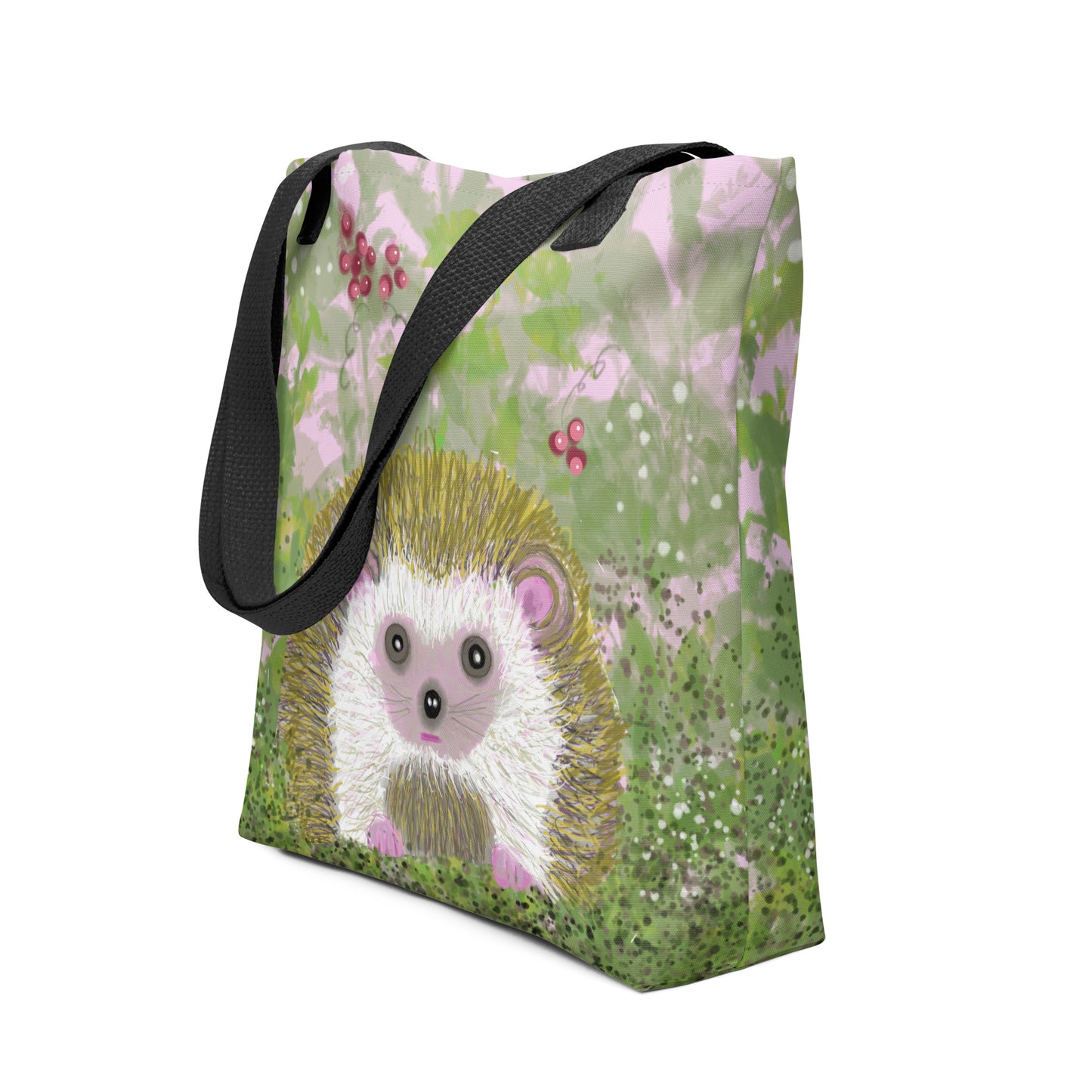 Sturdy, washable tote bag with an image of the garden animal, the hedgehog.  Side view shows hedgehog resting in a bramble of vines and berries and with a white butterfly. Hedgehog, with his sweet face, is gentle and kind spirit animal / spirit guide connected to Mother Earth. 15x15 inch. Black handles.