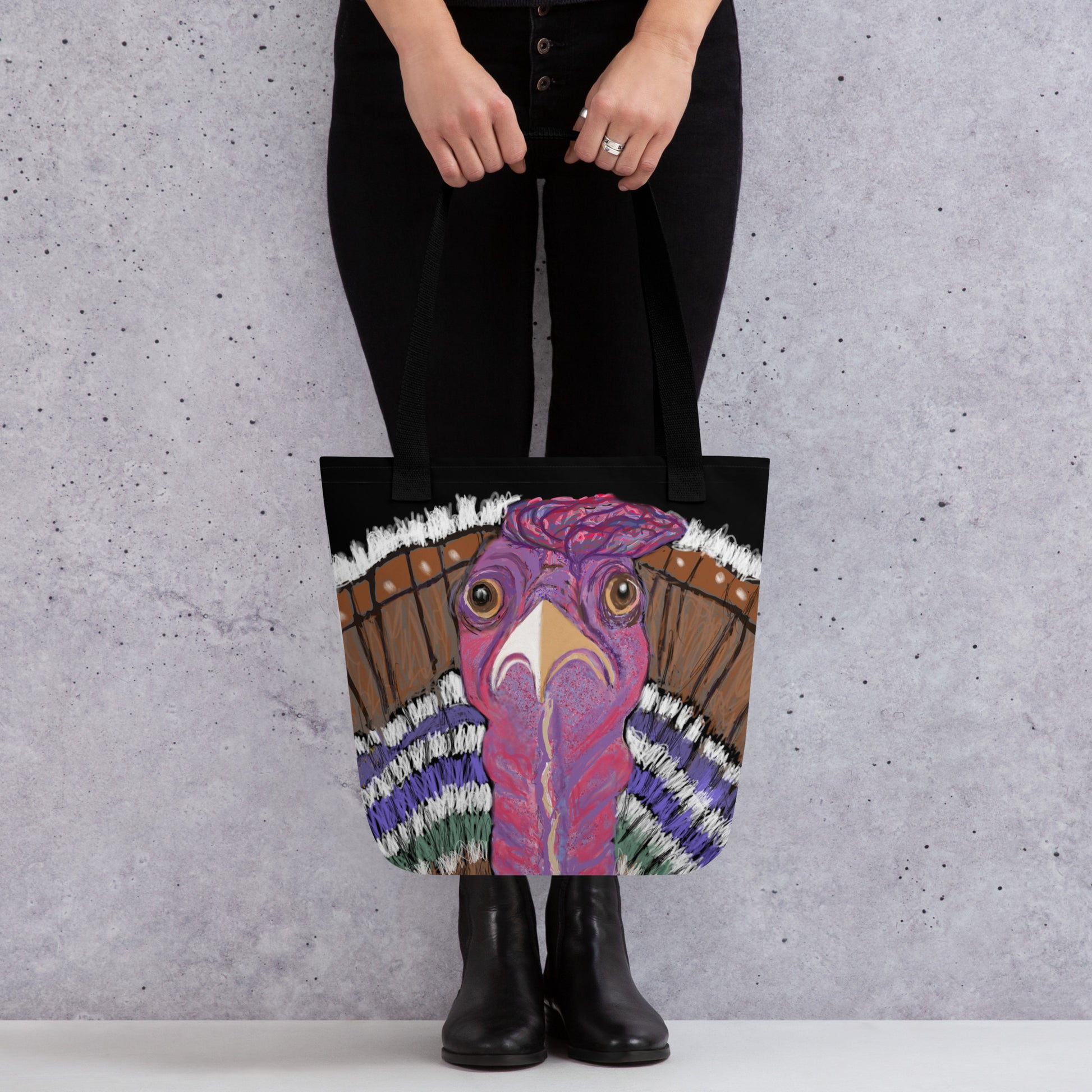 Woman holding the colorful Turkey tote bag. Expressive and modern design. Spirit animal for giving thanks, for abundance and for sharing.