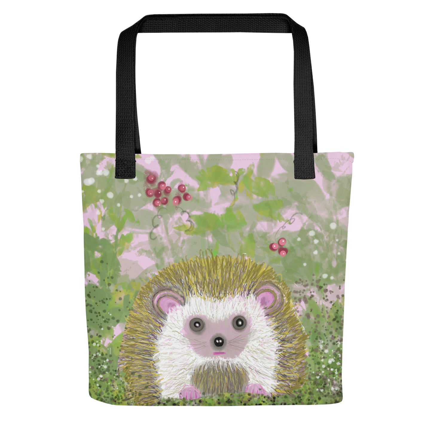 Sturdy, washable tote bag with an image of the garden animal, the hedgehog.  Image shows hedgehog resting in a bramble of vines and berries and with a white butterfly. Hedgehog, with his sweet face, is gentle and kind spirit animal / spirit guide connected to Mother Earth. 15x15 inch. Black handles.