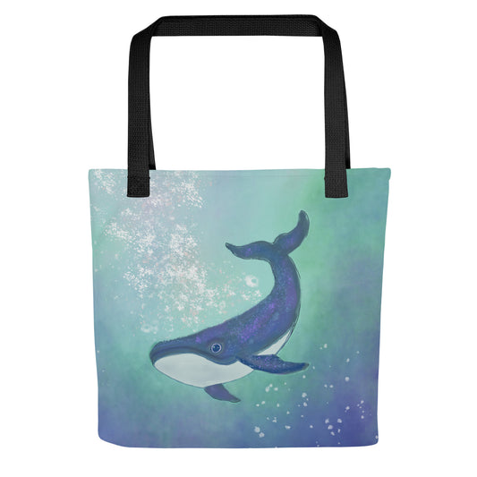 Durable tote bag with artist design. Whale diving into deep waters. Shades of blue.
