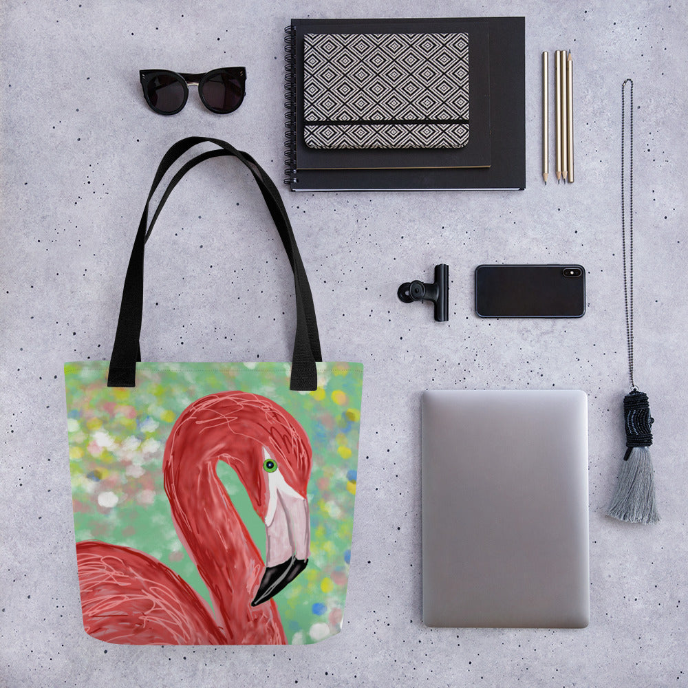 Stylish tote bag with an elegant flamingo design. Large enough to hold laptops and notebooks and all the necessities for a trip to the office or the coffee shop.