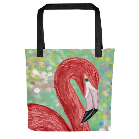 Frontal image of a sturdy and roomy tote bag. Original artwork shows a bright pink flamingo on a watery field of green, whites, pinks, yellows and blues.