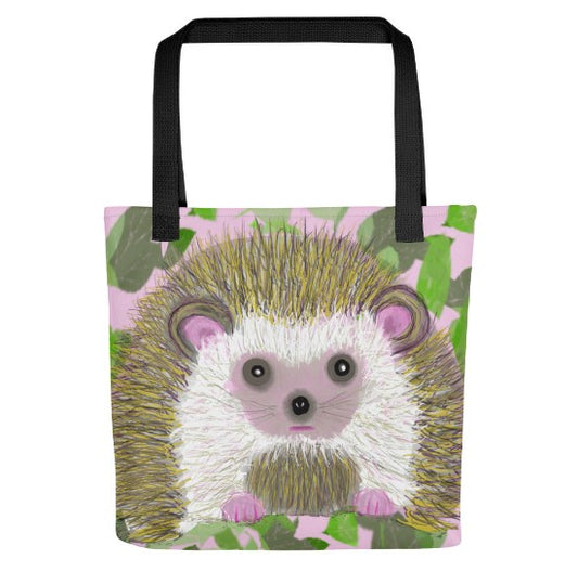 Frontal image of a sturdy and roomy tote bag. Original artwork shows a hedgehog on a field of pink with green leaves.