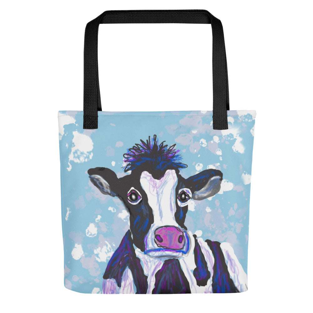 A fun and sturdy tote bag for cow lovers. In black, white, pinks, and blues. Original artwork.