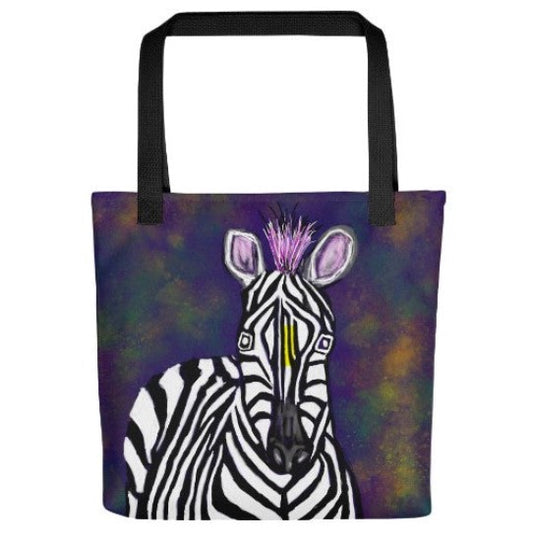 Frontal image of a sturdy and roomy tote bag. Original artwork shows bold zebra on against a background of subtle black, golds, and greens.