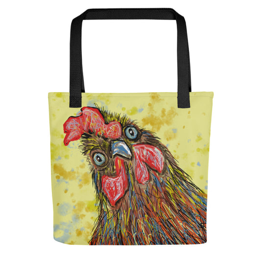 Whimsical and sturdy tote bag. Wild-eyed rooster on a field of yellows and blues.