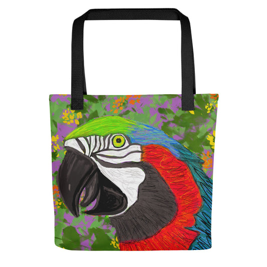 Frontal view of a study tote back with a bold and bright parrot on a field of yellow and orange flowers. 