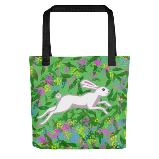 Sturdy tote bag with image of a wild hare running through a field of flowers. Original artwork in white, pink, yellow and green.s.