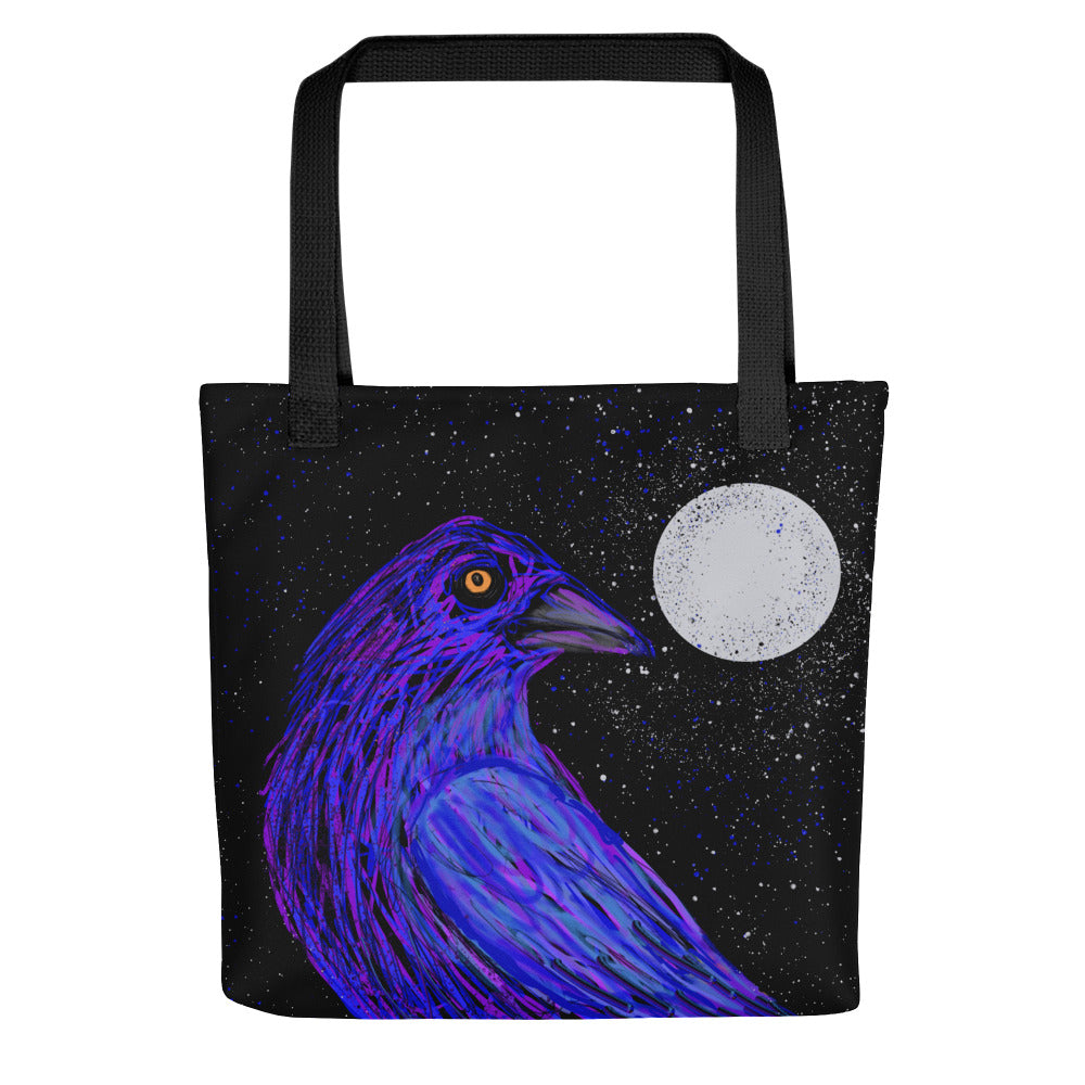 Frontal image of the sturdy tote back with an image of a golden-eyed crow in front of a full moon and a starry sky.