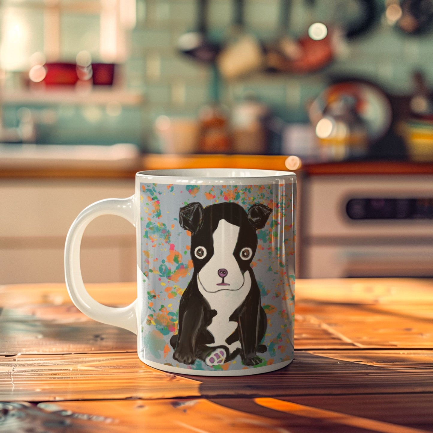 Ceramic white Boston Terrier spirit mug on a sunlit kitchen counter