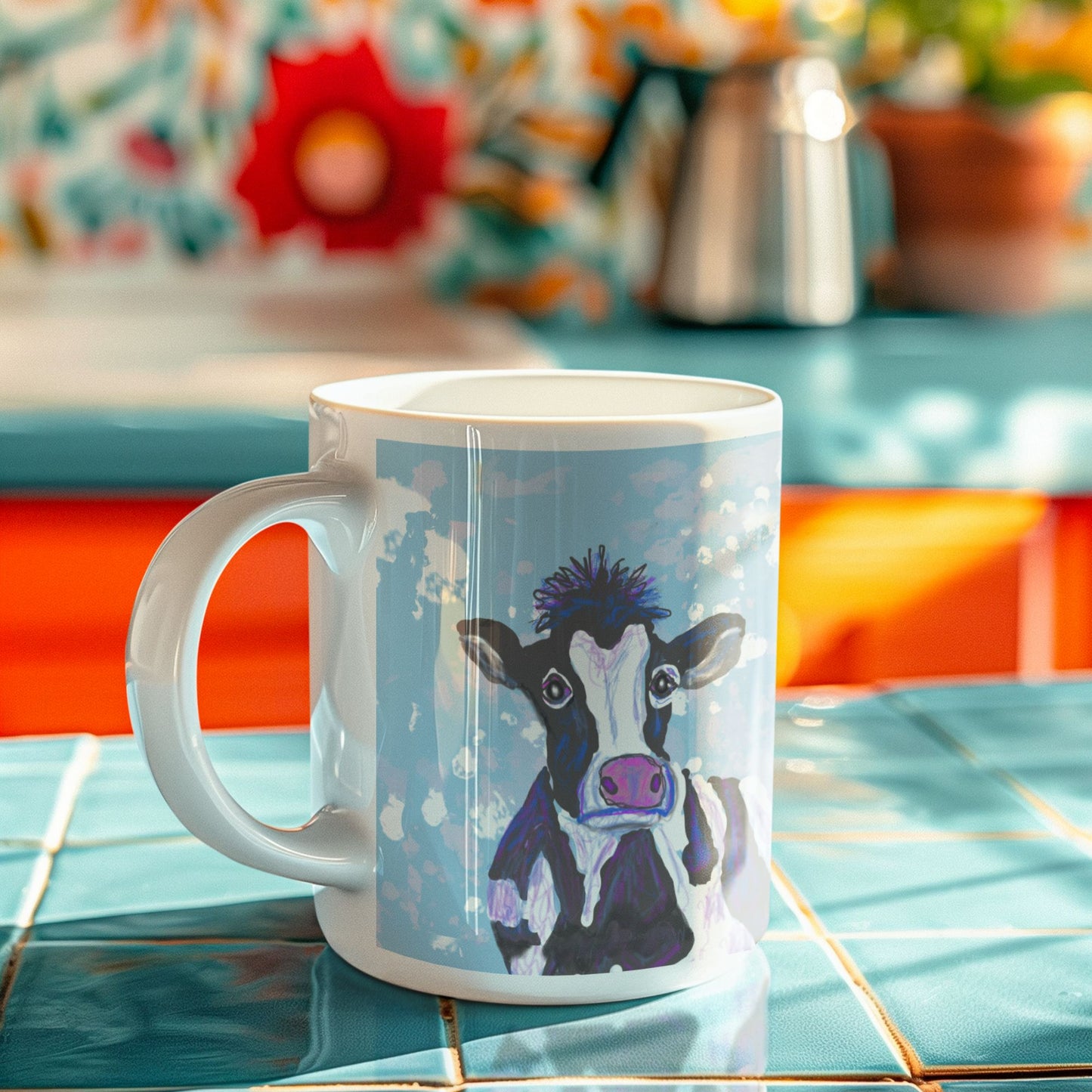 White mug with a cow design on a colorful kitchen counter.