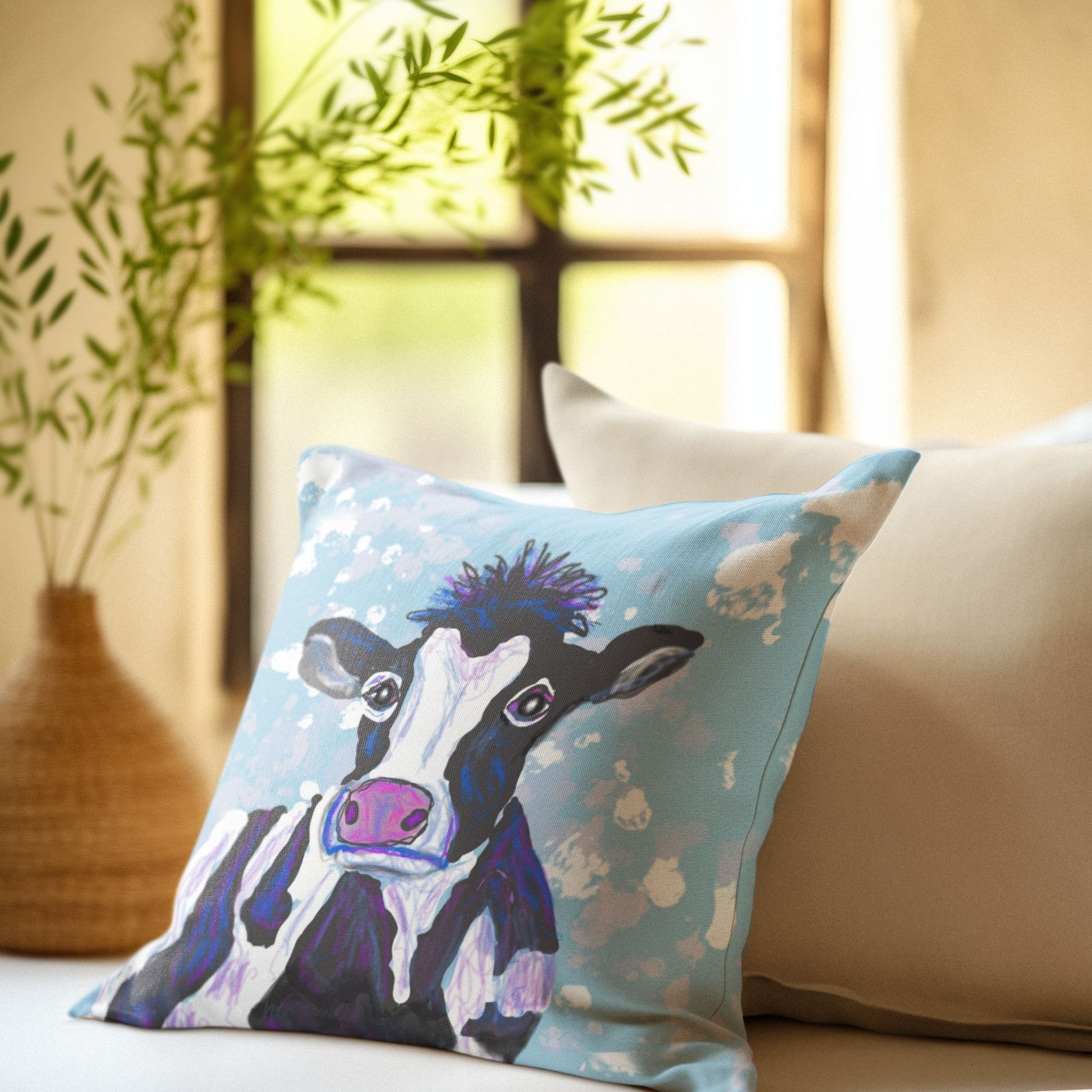 Decorative pillow with a cow design in a warmly lit, peaceful, Zen-like room.