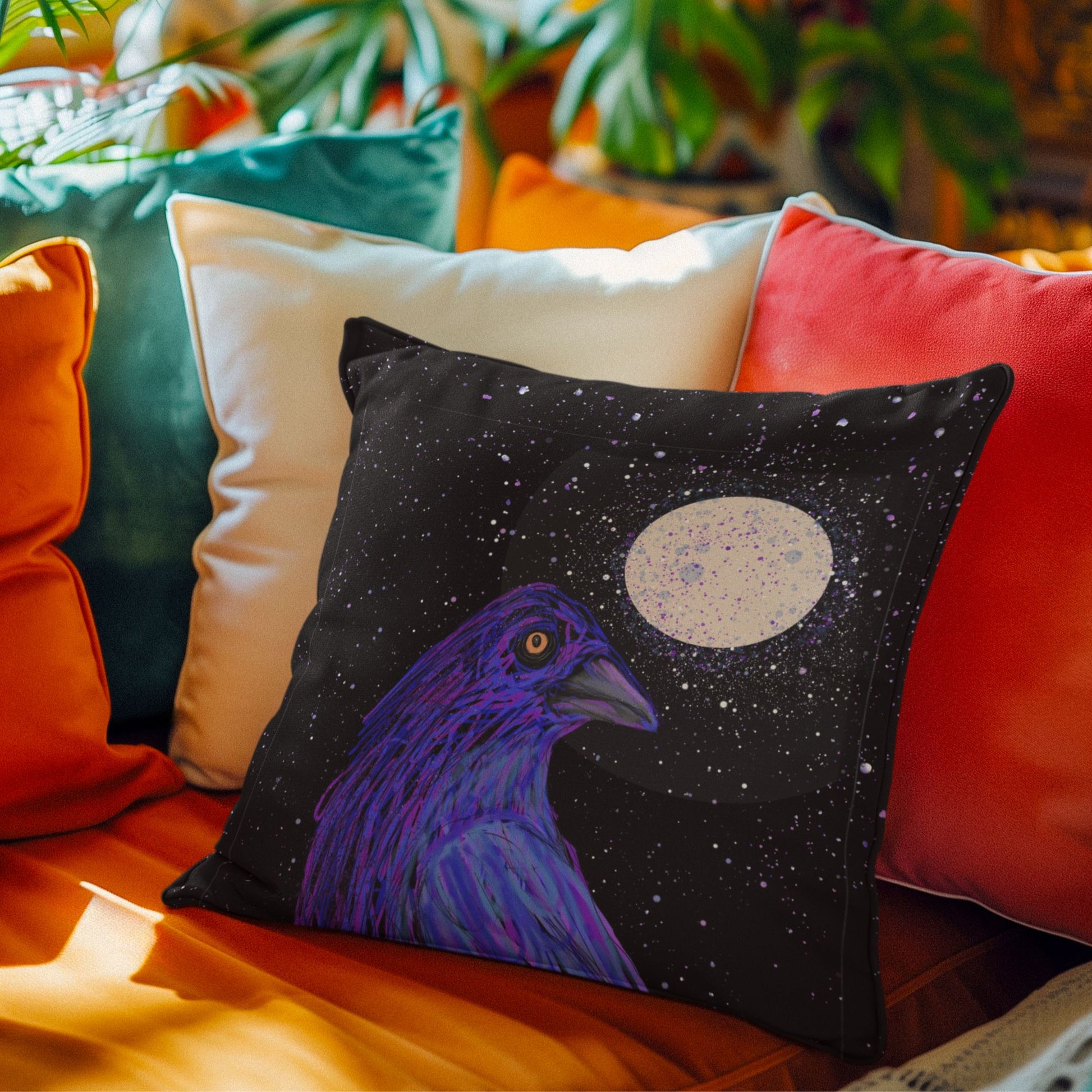 Decorative pillow with a golden-eyed crow with a full moon on a starry night, placed on a colorful couch.