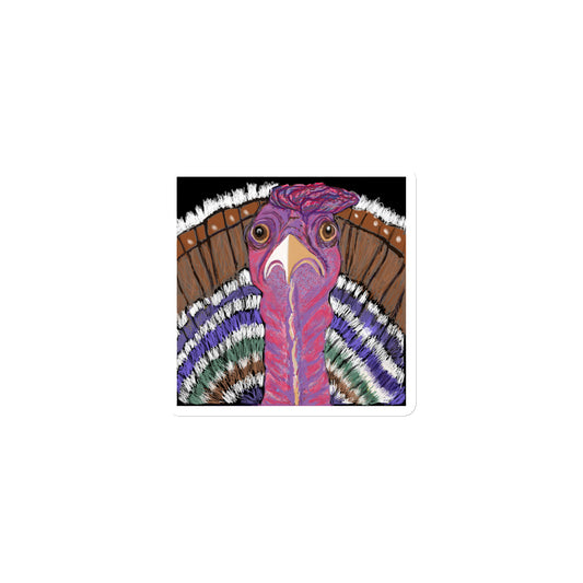 Die-cut-magnet with a  colorful and original turkey design.  Red, browns, purple and green feathers. Turkey has astonish look.