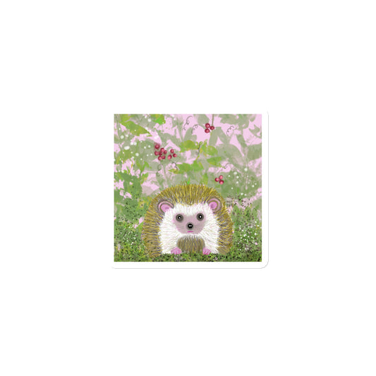 Cute hedgehog on a field of pink and green, with leaves and berries, on a white magnet. 3 sizes.  Hedgehog is gentle and kind spirit animal connected to Mother Earth.