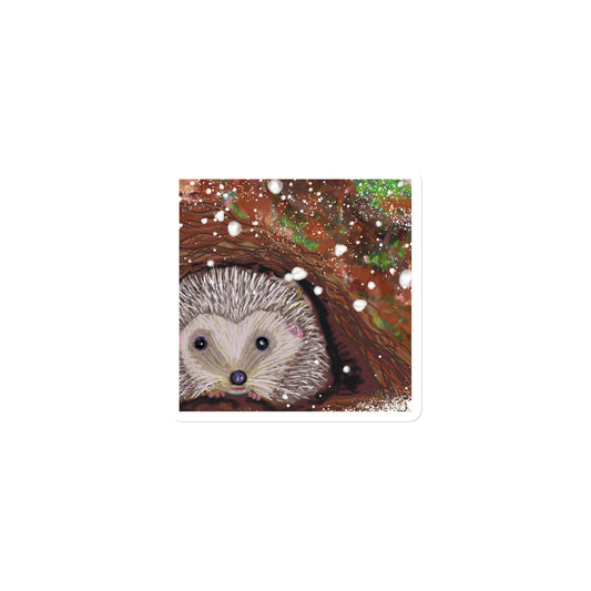 Cute magnet with a garden critter, the hedgehog on a white magnet.  Heddgehog is shown hibernating underground in the snow. Hedgehog, with his sweet face, is gentle and kind spirit animal / spirit guide connected to Mother Earth. 3 sizes.  3x3 inches, 4x4 inches, and 6x6 inches.