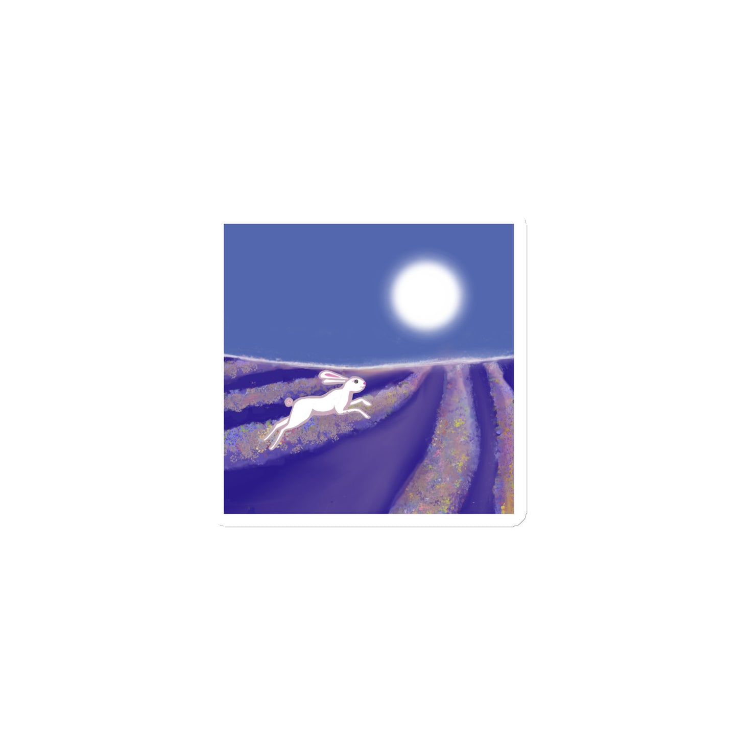Image of a hare or rabbit running through a moonlit field on a die-cut-magnet. 3x3