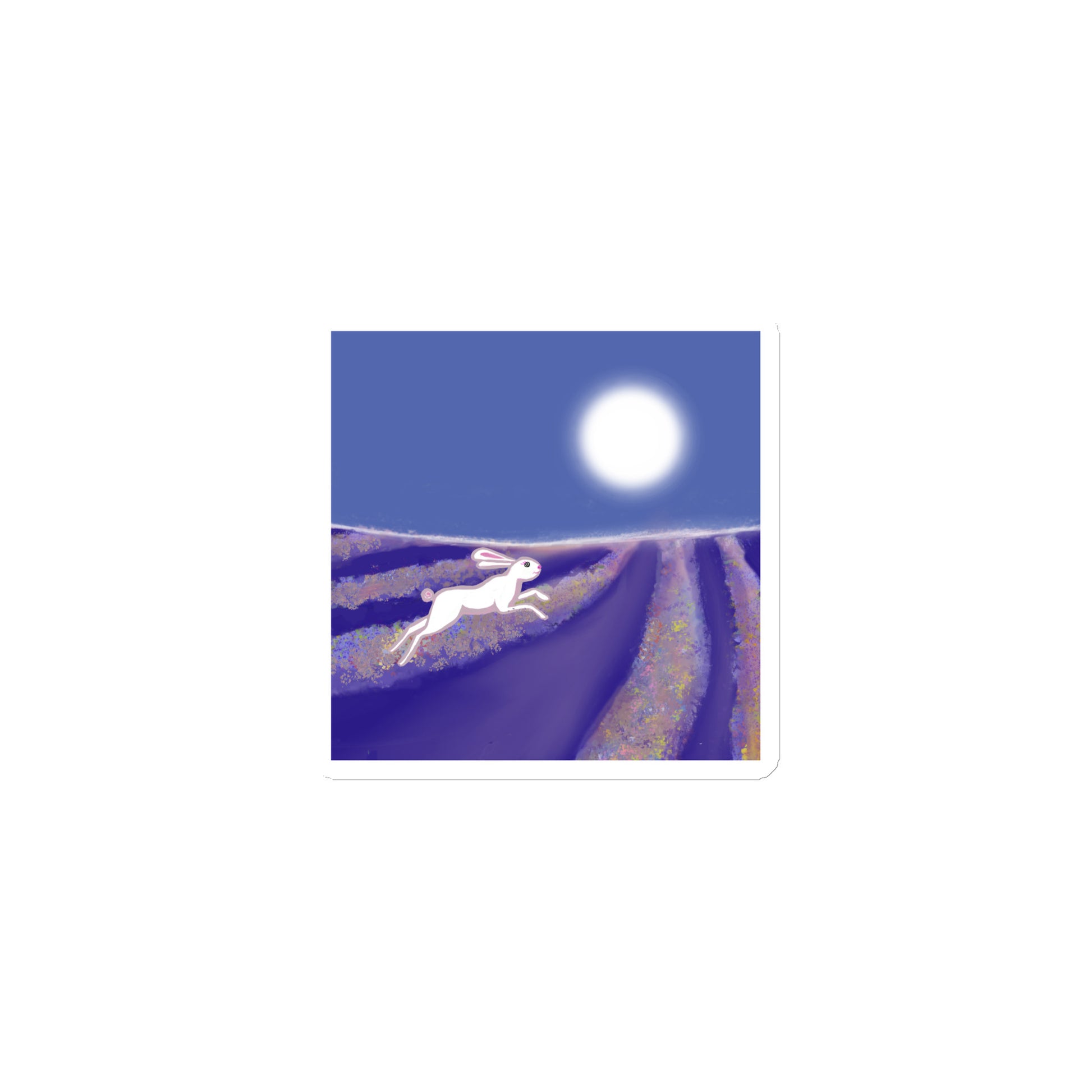 Image of a hare or rabbit running through a moonlit field on a die-cut-magnet. 3x3