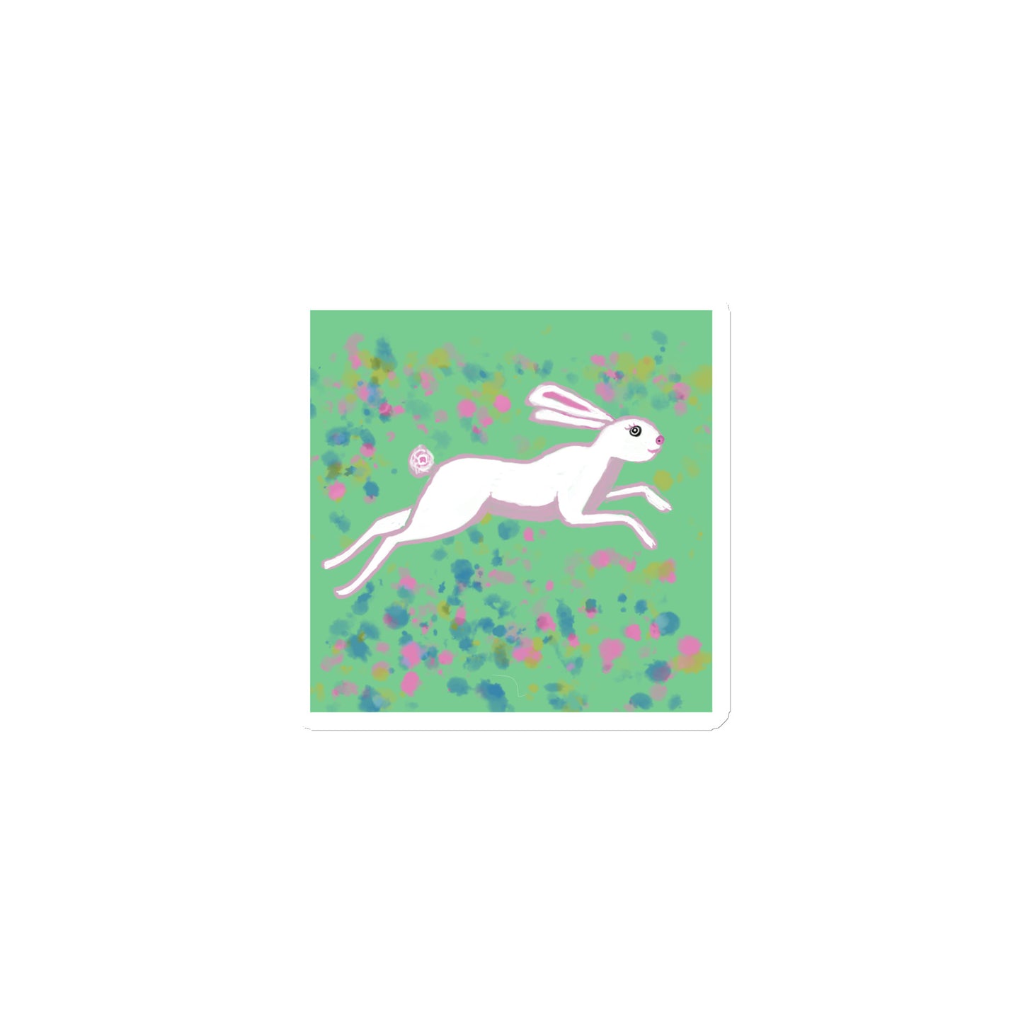 Image of a hare or rabbit running through a springtime field on a die-cut-magnet. 3x3