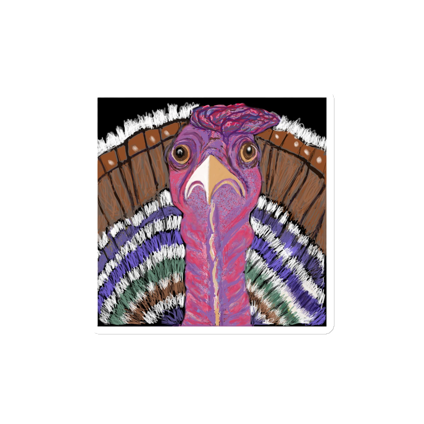 Die-cut-magnet with a  colorful and original turkey design.  Red, browns, purple and green feathers. Turkey is symbol of gratitude.