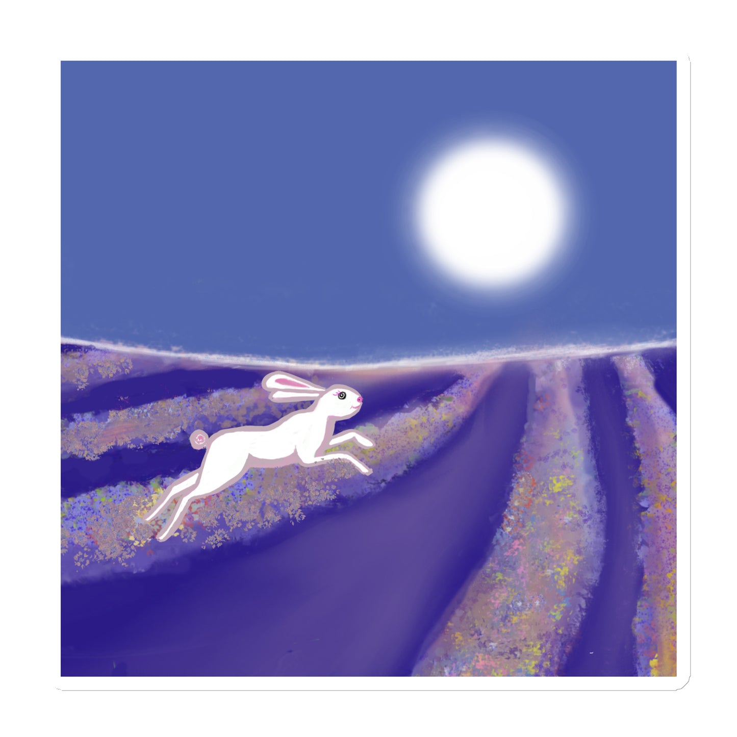 Image of a hare or rabbit running through a moonlit field on a die-cut-magnet. 6x6