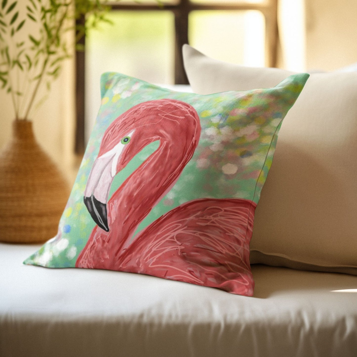 Flamingo pillow on a couch in a quiet and peaceful room.