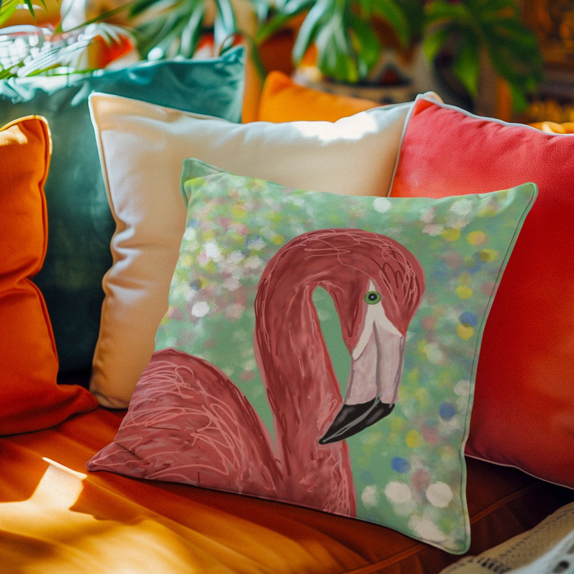 Colorful pillows with a flamingo design on colorful couch in a homey room.