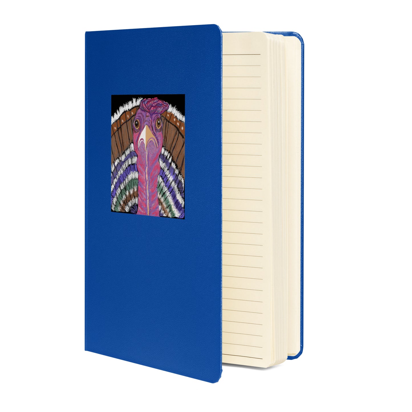 Colorful turkey design on a blue hardcover notebook. 