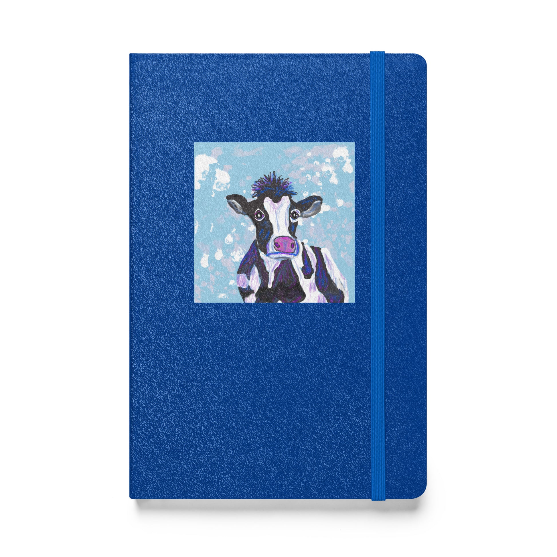 Cow Spirit, Divine Mother, graces the cover of a hardcover notebook, for morning pages, journaling, and note-taking. Shown with elastic closure.