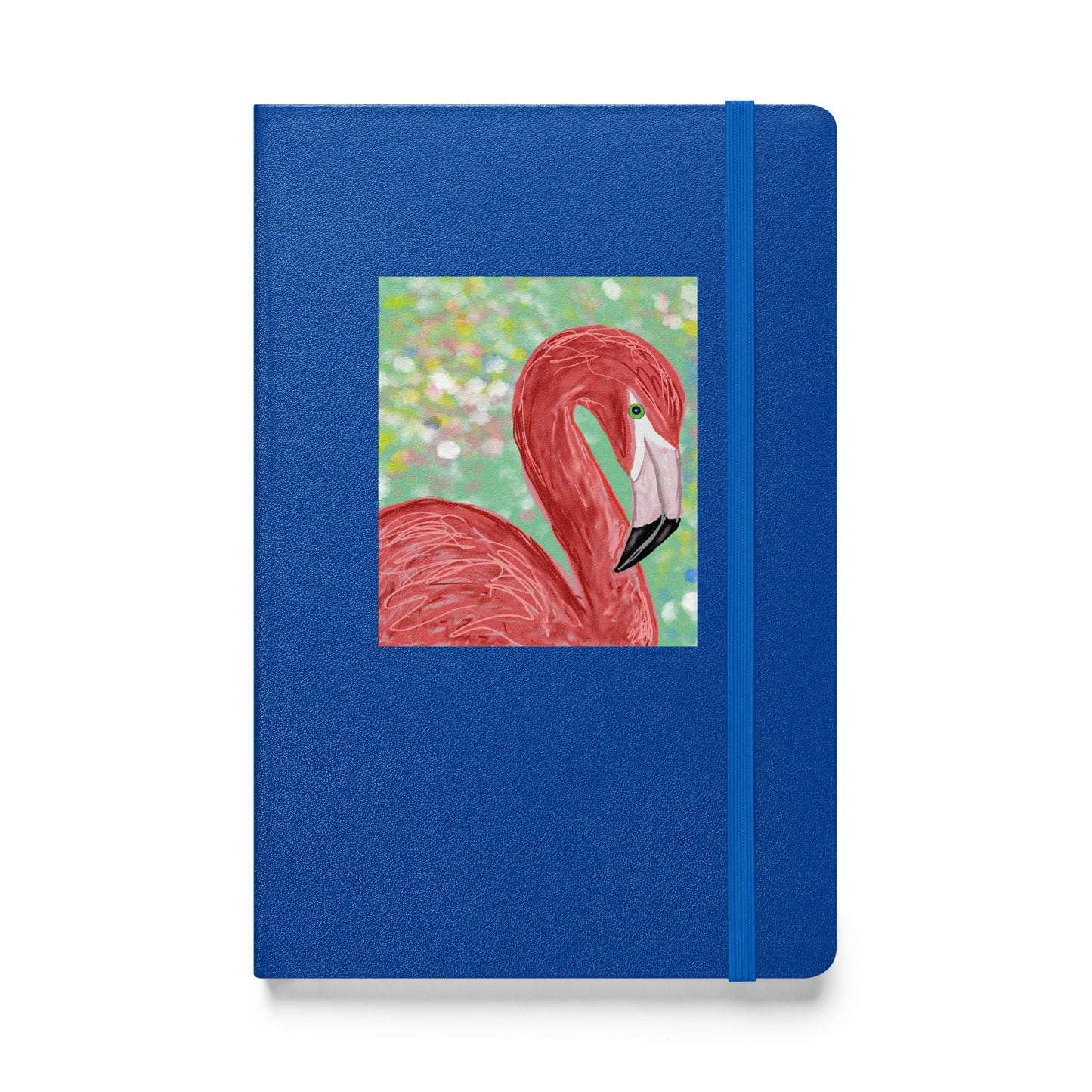Flamingo artwork on the hard cover of a blue journal.