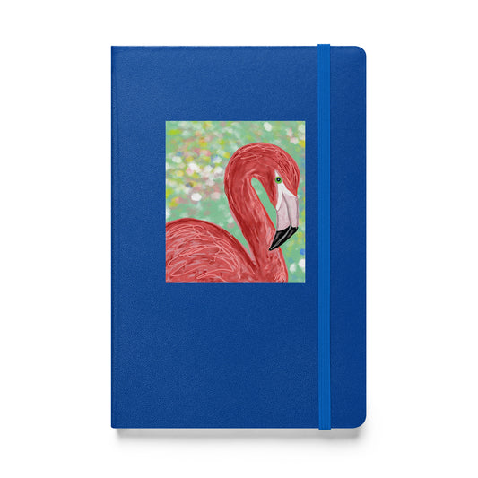 Flamingo artwork on the hard cover of a blue journal.