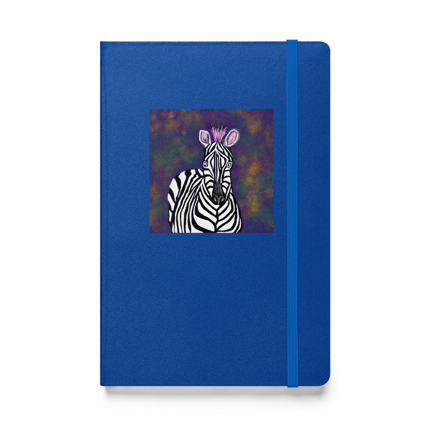 Blue hardcover notebook/journal with an artist's image of a zebra with an elastic enclosure.