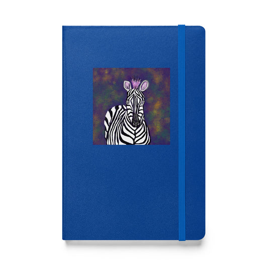 Blue hardcover notebook/journal with an artist's image of a zebra with an elastic enclosure.