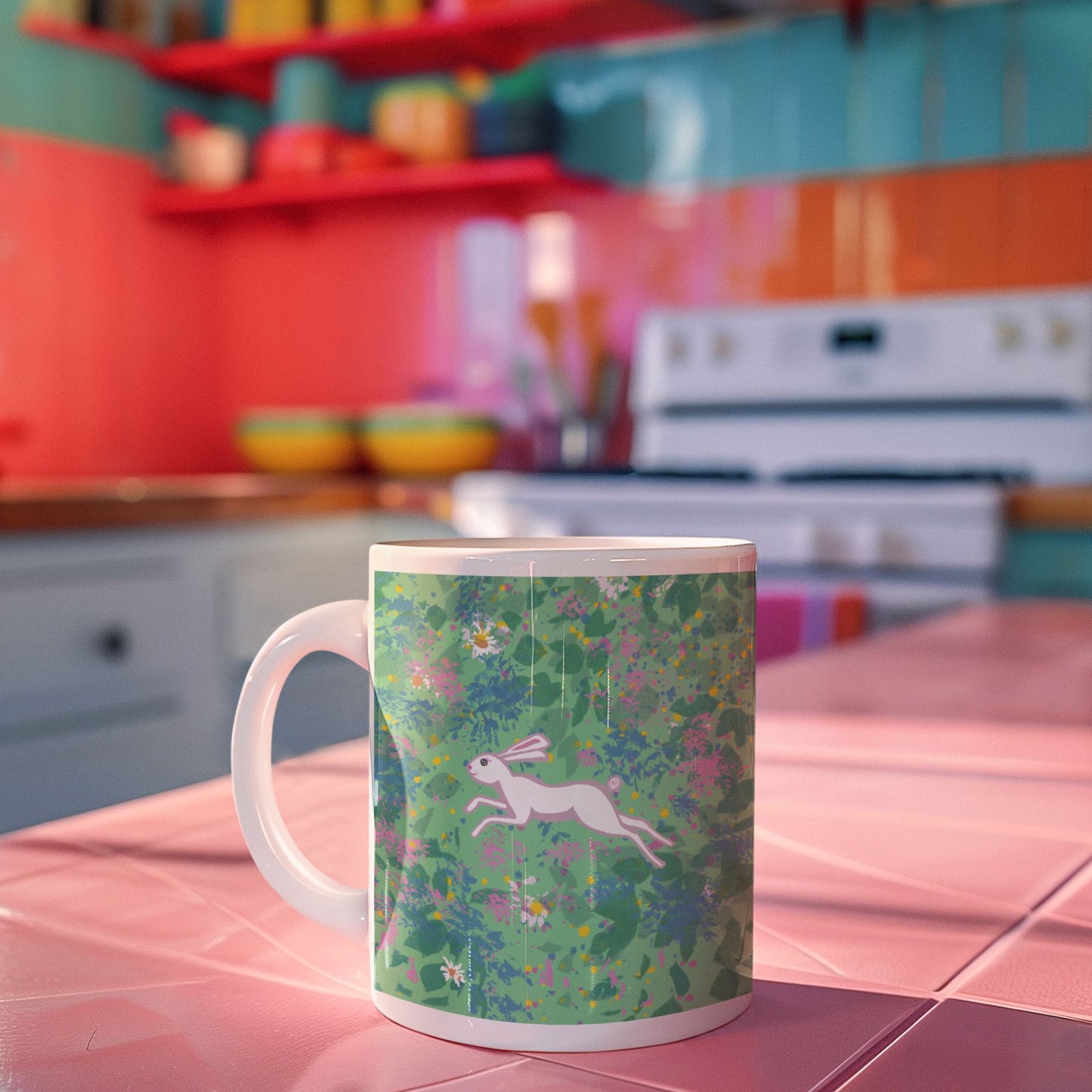 Hare Spirit Mug with floral pattern featuring a hare running through a field of flowers sitting on a colorful kitchen counter