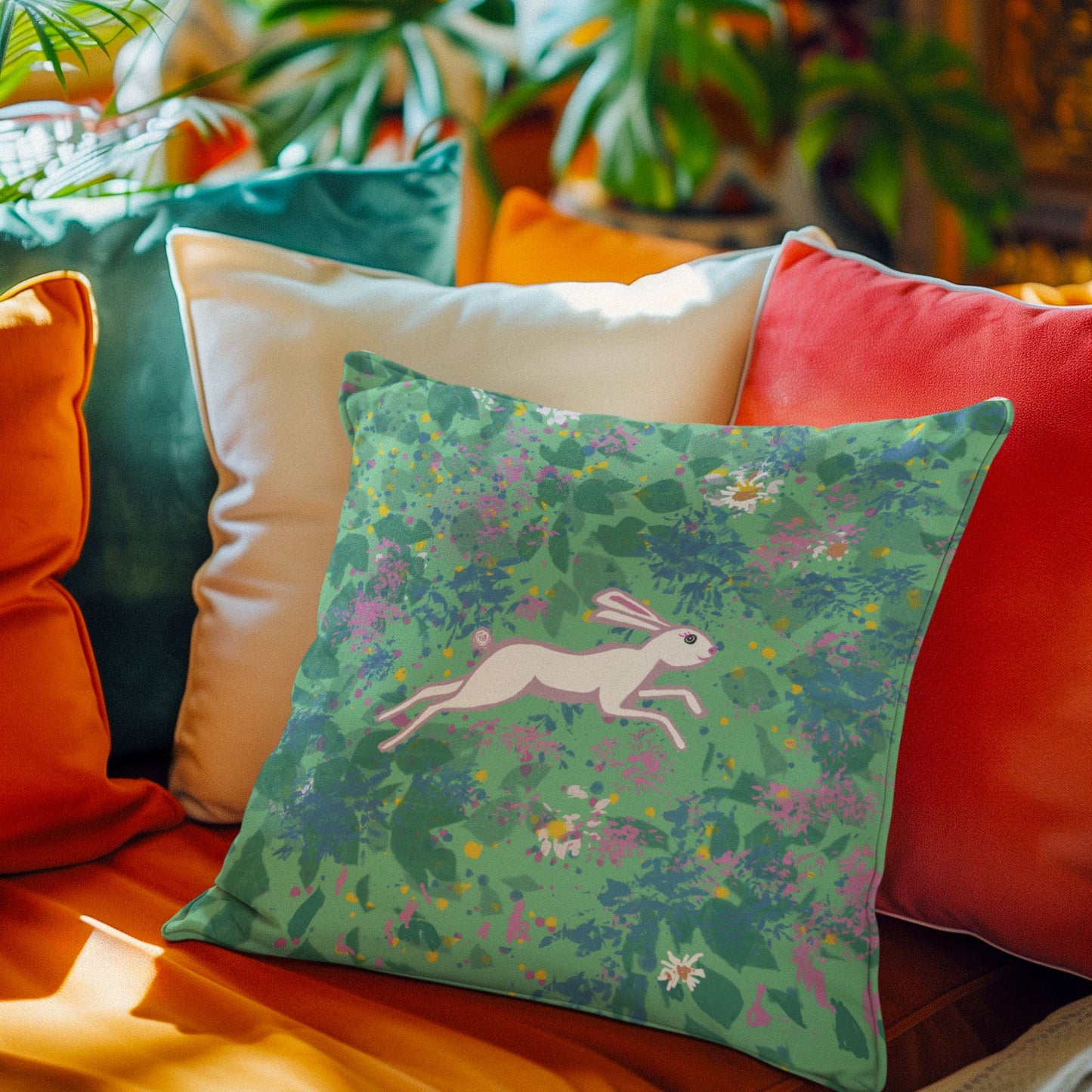 Decorative pillow with a hare design on a colorful sofa