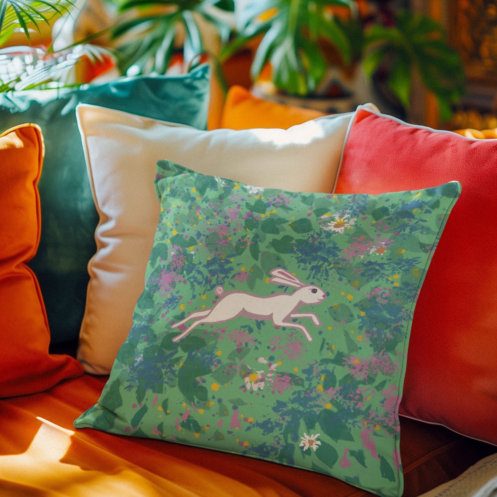 Decorative pillow with a hare design on a colorful sofa