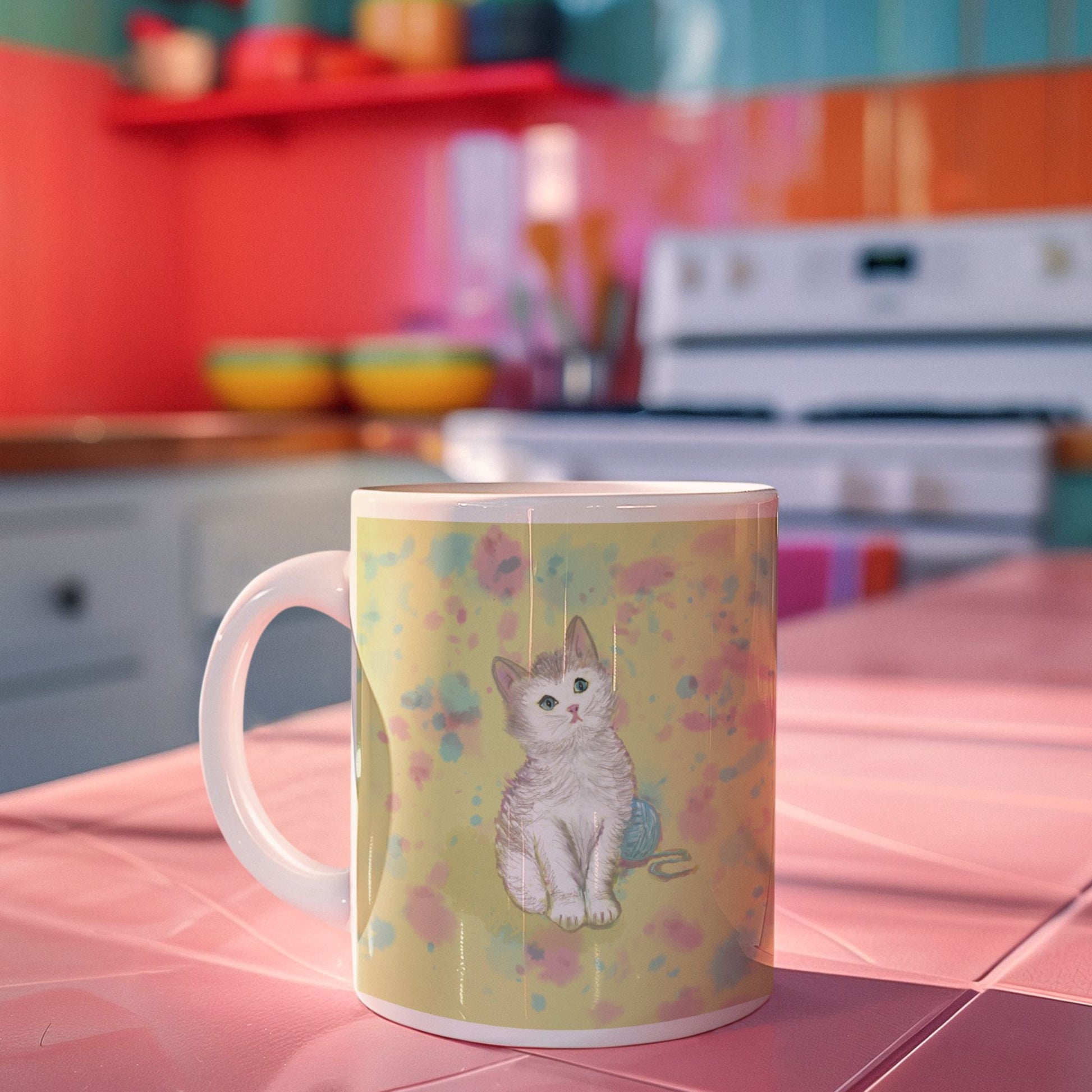 Ceramic Kitten Spirit Mug with a kitten next to a ball of yarn design on a bright and colorful kitchen counter.