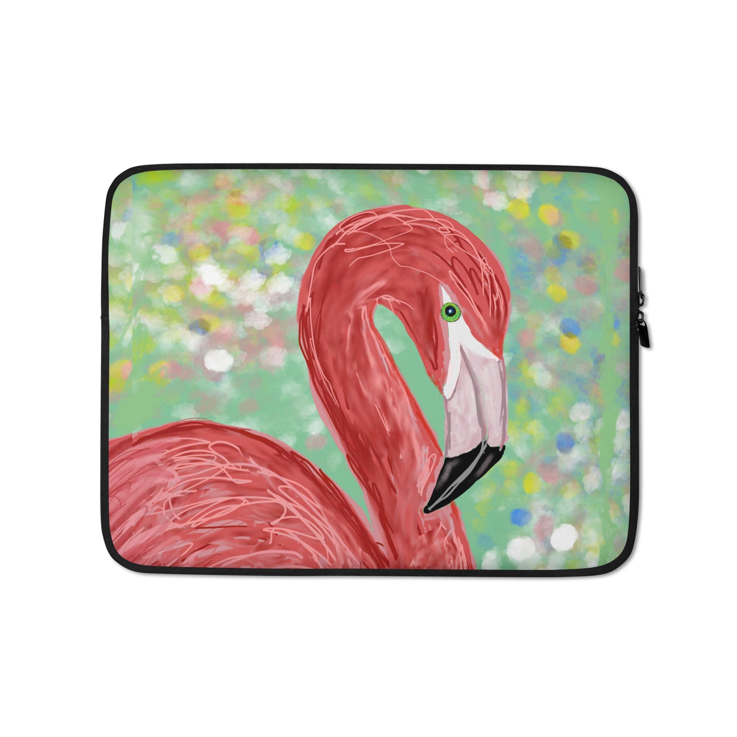 An elegant flamingo graces this laptop sleeve. Sits against a watery background in green, pink, yellow, blue and white. 13"