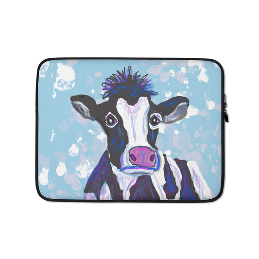 Oh those cow eyes!  A black and white cow against a blue sky dotted with clouds make this laptop sleeve special. 13"